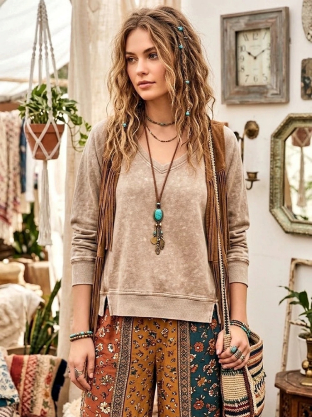 Distressed Long Sleeve Sweatshirt in Brown & Cream Like New